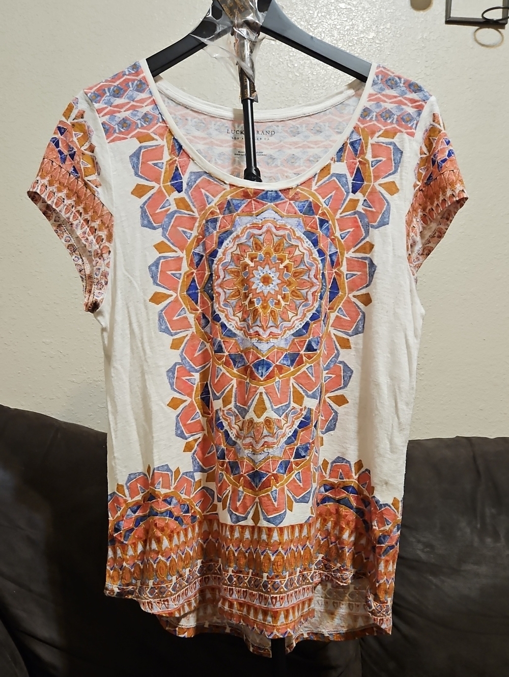 Lucky Brand White Tee with Orange, Blue & Gold Geometric Print